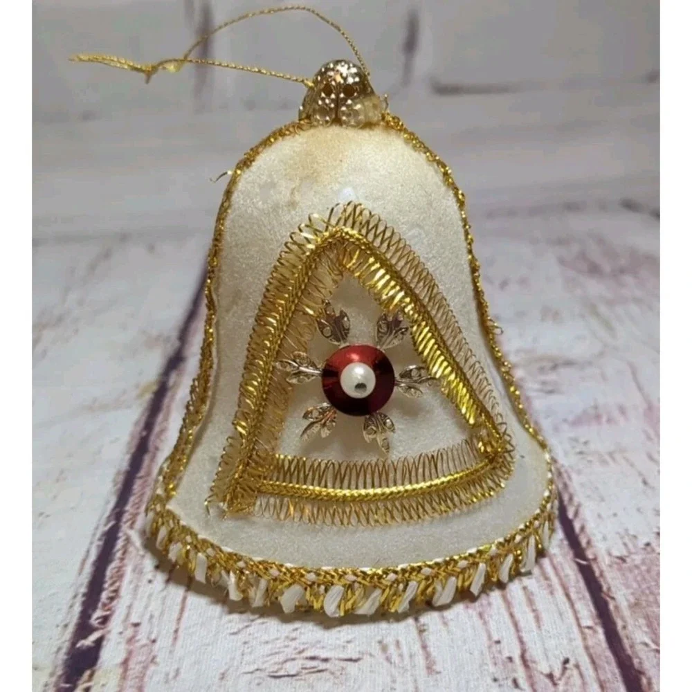 Vintage White Flocked Bell Christmas‎ Ornaments Ribbons Gold Trim 2-1/2